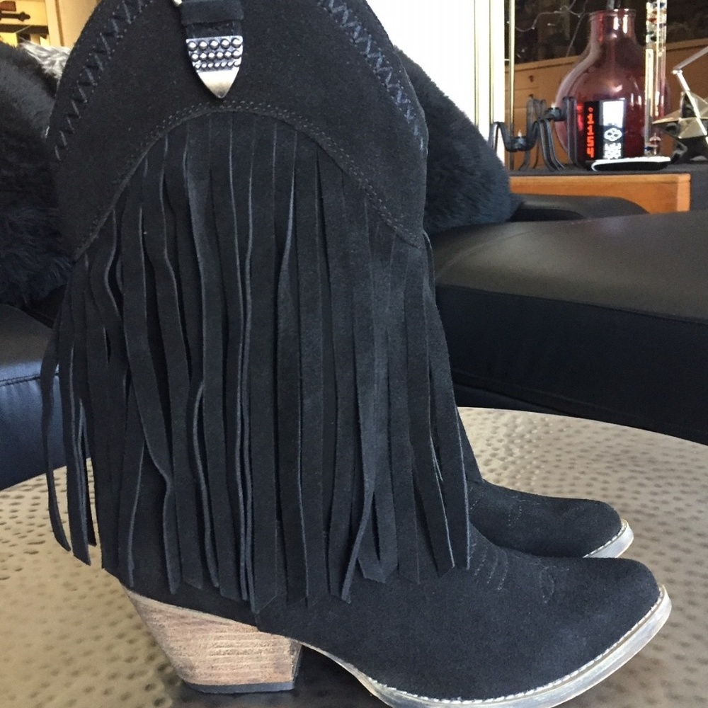 Very Volatile Black Fringe Cowboy Suede Boots